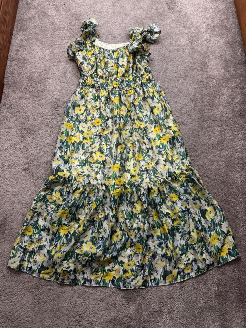 Melloday Floral Dress SIZE XL Yellow Green Ruffle Strap Smocked Boho